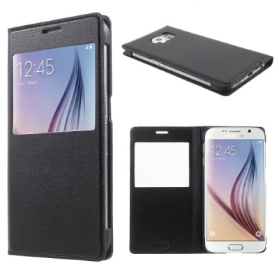 Samsung Galaxy S6 (G920) melns atvēramais maciņš ar lodziņu / Vacins.lv