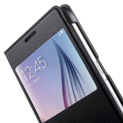 Samsung Galaxy S6 (G920) melns atvēramais maciņš ar lodziņu / Vacins.lv