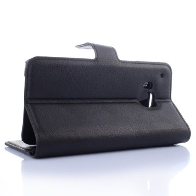 HTC One M9 atvēramais melns ādas Litchi maciņš (maks) / Vacins.lv