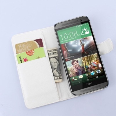 HTC One M9 atverčiamas baltas odinis Litchi dėklas - piniginė / Priedai.lt