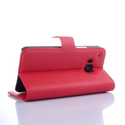 HTC One M9 atvēramais sarkans ādas Litchi maciņš (maks) / Vacins.lv