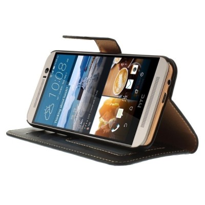 HTC One M9 atverčiamas juodas odinis dėklas - knygutė / Priedai.lt