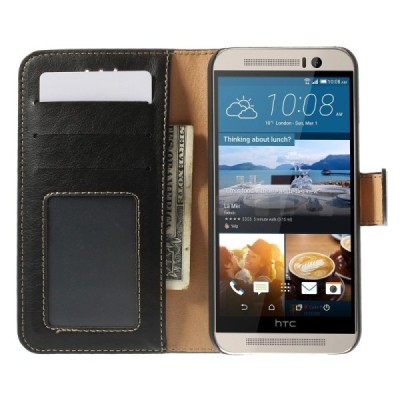 HTC One M9 atverčiamas juodas odinis dėklas - knygutė / Priedai.lt