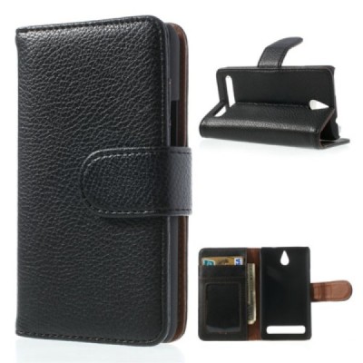 Sony Xperia E1 atvēramais melns ādas Litchi maciņš (maks) / Vacins.lv