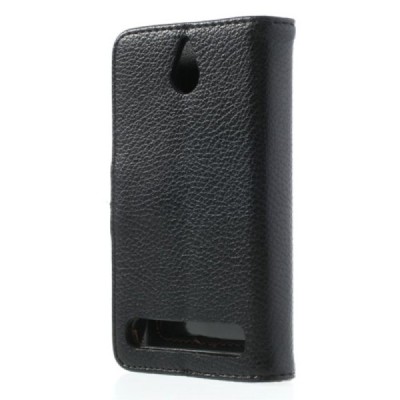 Sony Xperia E1 atvēramais melns ādas Litchi maciņš (maks) / Vacins.lv
