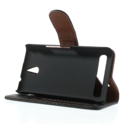 Sony Xperia E1 atvēramais melns ādas Litchi maciņš (maks) / Vacins.lv