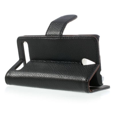 Sony Xperia E1 atvēramais melns ādas Litchi maciņš (maks) / Vacins.lv