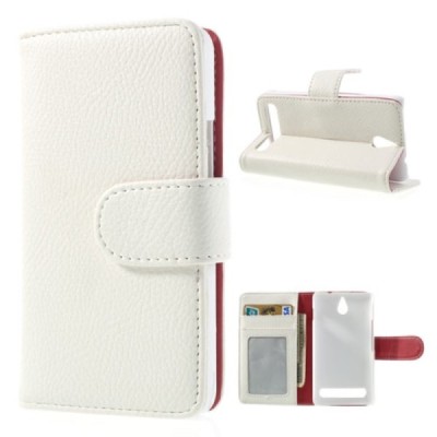 Sony Xperia E1 atvēramais balts ādas Litchi maciņš (maks) / Vacins.lv