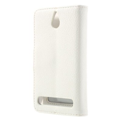 Sony Xperia E1 atverčiamas baltas odinis Litchi dėklas - piniginė / Priedai.lt
