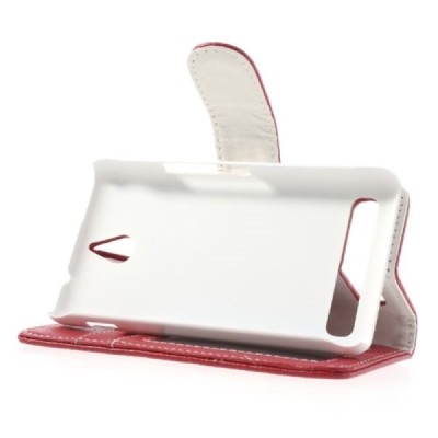 Sony Xperia E1 atvēramais sarkans ādas Litchi maciņš (maks) / Vacins.lv