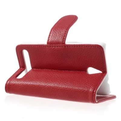 Sony Xperia E1 atvēramais sarkans ādas Litchi maciņš (maks) / Vacins.lv