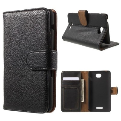 Sony Xperia E4 atvēramais melns ādas Litchi maciņš (maks) / Vacins.lv