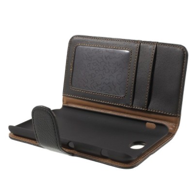 Sony Xperia E4 atvēramais melns ādas Litchi maciņš (maks) / Vacins.lv