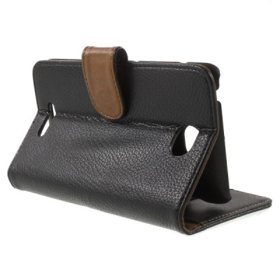 Sony Xperia E4 atvēramais melns ādas Litchi maciņš (maks) / Vacins.lv