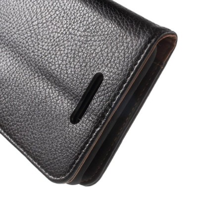 Sony Xperia E4 atvēramais melns ādas Litchi maciņš (maks) / Vacins.lv