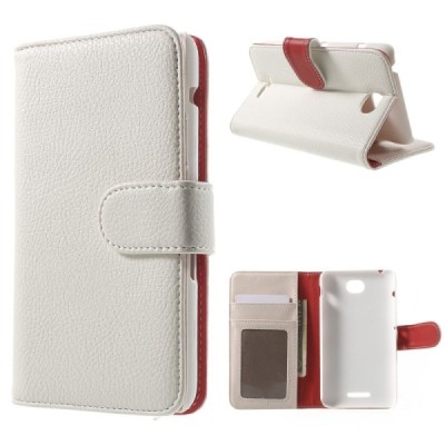 Sony Xperia E4 atverčiamas baltas odinis Litchi dėklas - piniginė / Priedai.lt