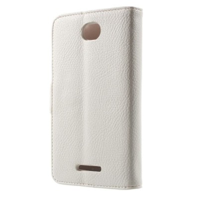 Sony Xperia E4 atverčiamas baltas odinis Litchi dėklas - piniginė / Priedai.lt