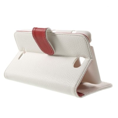 Sony Xperia E4 atverčiamas baltas odinis Litchi dėklas - piniginė / Priedai.lt