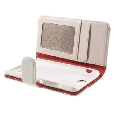 Sony Xperia E4 atverčiamas baltas odinis Litchi dėklas - piniginė / Priedai.lt