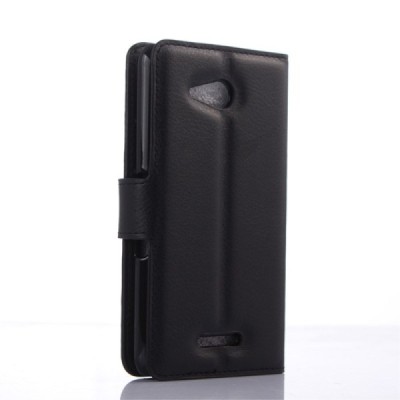 Sony Xperia E4g atvēramais melns ādas Litchi maciņš (maks) / Vacins.lv