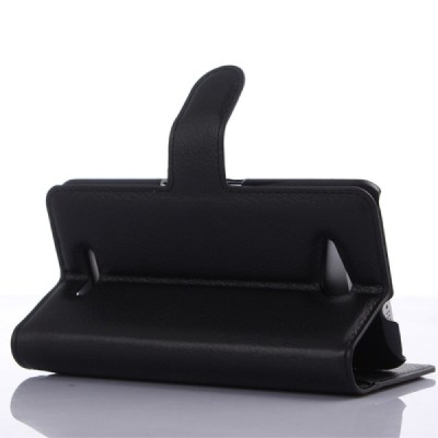 Sony Xperia E4g atvēramais melns ādas Litchi maciņš (maks) / Vacins.lv