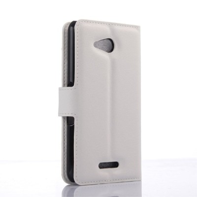 Sony Xperia E4g atverčiamas baltas odinis Litchi dėklas - piniginė / Priedai.lt