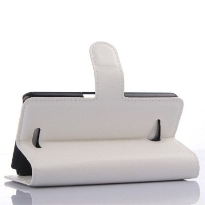 Sony Xperia E4g atverčiamas baltas odinis Litchi dėklas - piniginė / Priedai.lt