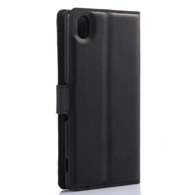 Sony Xperia M4 Aqua atvēramais melns ādas Litchi maciņš (maks) / Vacins.lv