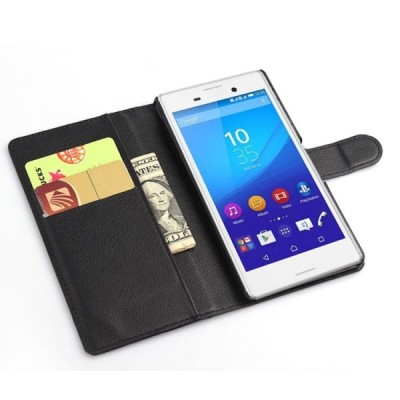 Sony Xperia M4 Aqua atvēramais melns ādas Litchi maciņš (maks) / Vacins.lv