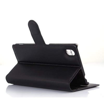 Sony Xperia M4 Aqua atvēramais melns ādas Litchi maciņš (maks) / Vacins.lv