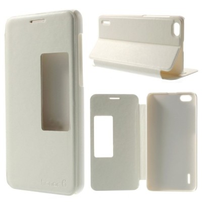 Huawei Honor 6 baltas odinis atverčiamas „Smart Window“ dėklas su langeliu / Priedai.lt