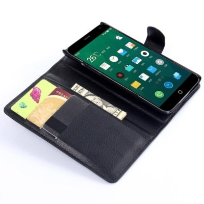 Meizu MX4 atvēramais melns ādas Litchi maciņš / Vacins.lv