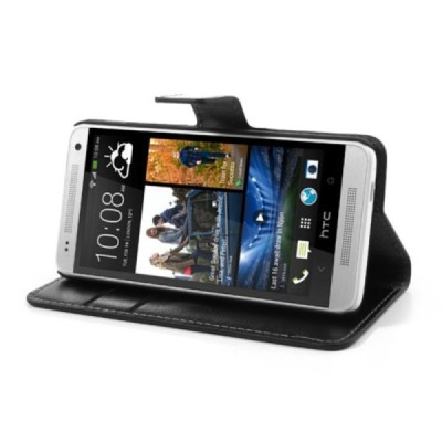 HTC One mini m4 atverčiamas juodas odinis dėklas - piniginė / Priedai.lt