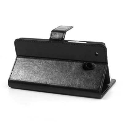 HTC One mini m4 atverčiamas juodas odinis dėklas - piniginė / Priedai.lt