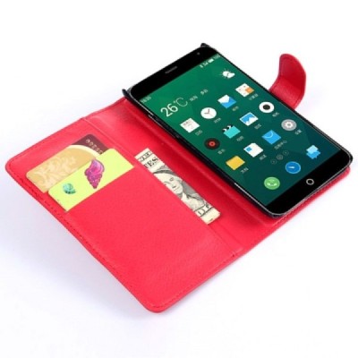 Meizu MX4 atvēramais sarkans ādas Litchi maciņš / Vacins.lv