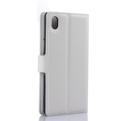 Sony Xperia M4 Aqua atverčiamas baltas odinis Litchi dėklas - piniginė / Priedai.lt