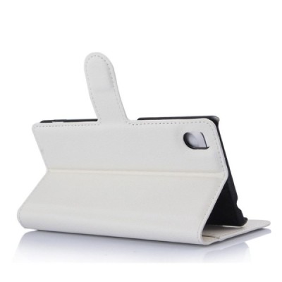 Sony Xperia M4 Aqua atverčiamas baltas odinis Litchi dėklas - piniginė / Priedai.lt