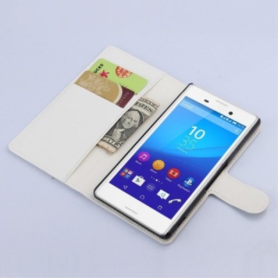 Sony Xperia M4 Aqua atverčiamas baltas odinis Litchi dėklas - piniginė / Priedai.lt