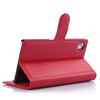 Sony Xperia M4 Aqua atvēramais sarkans ādas Litchi maciņš (maks) / Vacins.lv