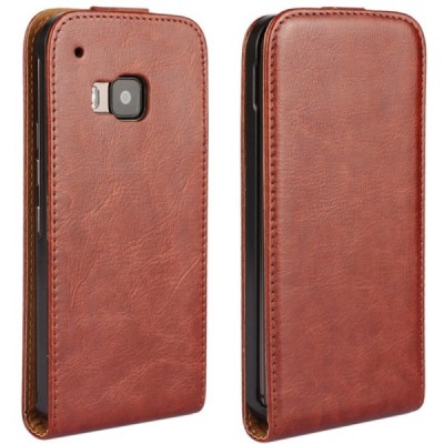 HTC One M9 klasikinis vertikaliai atverčiamas rudas odinis dėklas / Priedai.lt