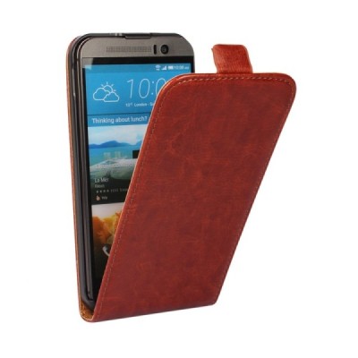 HTC One M9 klasikinis vertikaliai atverčiamas rudas odinis dėklas / Priedai.lt