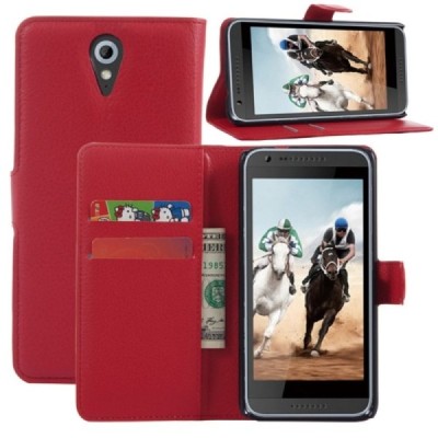 HTC Desire 620 atvēramais sarkans ādas Litchi maciņš - maks / Vacins.lv
