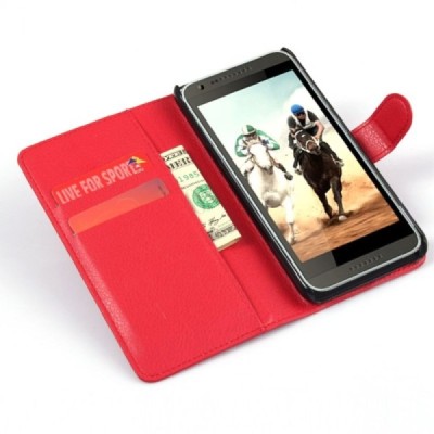 HTC Desire 620 atvēramais sarkans ādas Litchi maciņš - maks / Vacins.lv