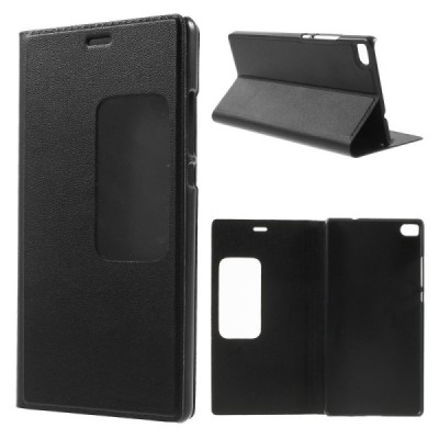 Huawei P8 melns atvēramais Smart Window ādas maciņš / Vacins.lv