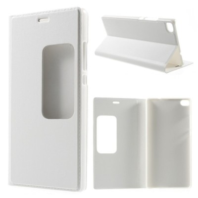 Huawei P8 baltas odinis atverčiamas „Smart Window“ dėklas su langeliu / Priedai.lt