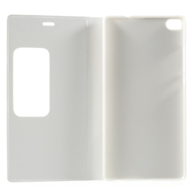 Huawei P8 baltas odinis atverčiamas „Smart Window“ dėklas su langeliu / Priedai.lt