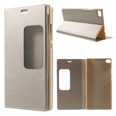 Huawei P8 auksinis odinis atverčiamas „Smart Window“ dėklas su langeliu / Priedai.lt