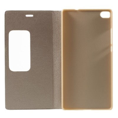 Huawei P8 auksinis odinis atverčiamas „Smart Window“ dėklas su langeliu / Priedai.lt