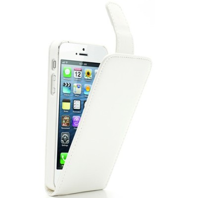 Apple iPhone 5, 5S klasisks ādas vertikāli atvēramais balts futrālis / Vacins.lv
