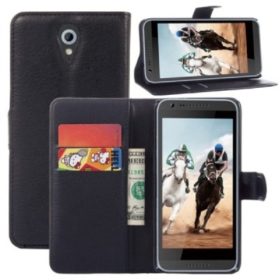 HTC Desire 620 atvēramais melns ādas Litchi maciņš - maks / Vacins.lv